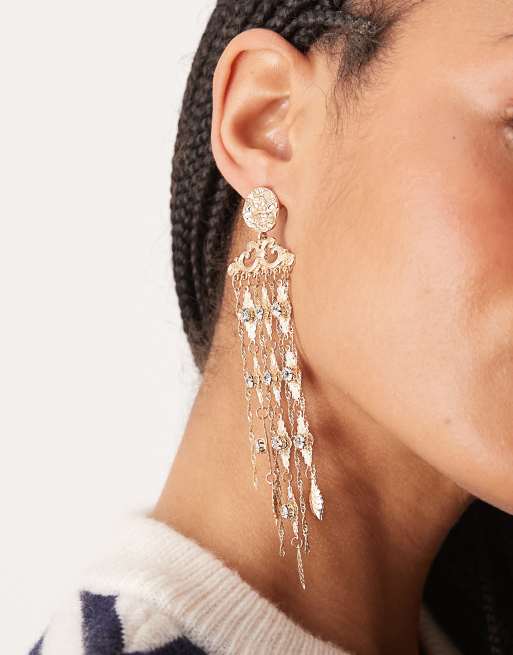 ASOS DESIGN drop earrings with boho crystal tassel detail in gold tone