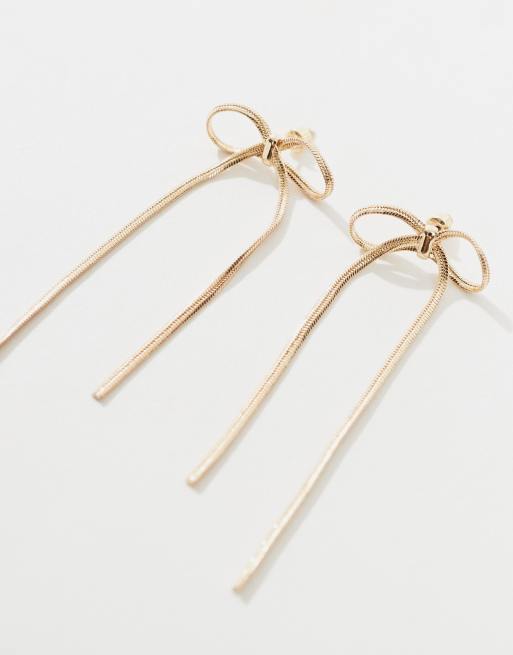 ASOS DESIGN drop earrings with bow chain design in gold tone, 2 of 4