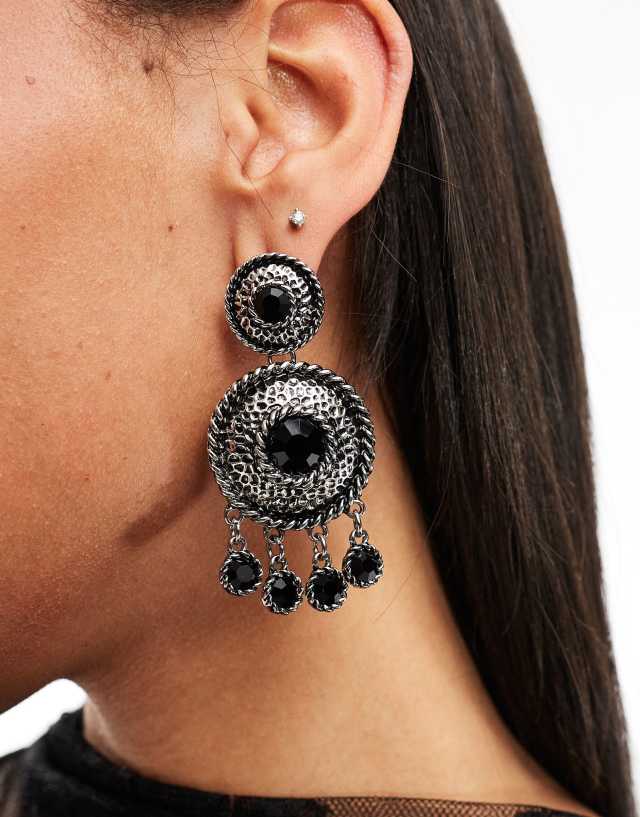 ASOS DESIGN - drop earrings with burnished double circle detail with black stone in silver tone