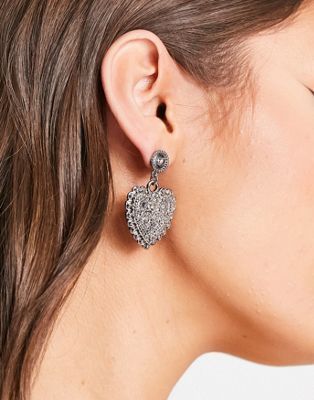 ASOS DESIGN drop earrings with burnished heart design in silver tone
