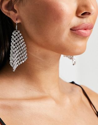 ASOS DESIGN drop earrings with chainmail crystal design in silver tone