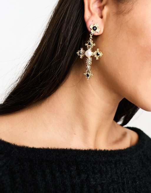ASOS DESIGN drop earrings with cross design in gold tone ASOS