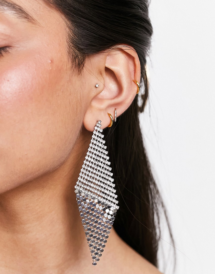 ASOS DESIGN drop earrings with crystal and chain waterfall in silver tone