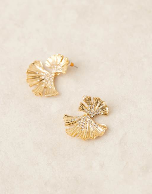 ASOS DESIGN drop earrings with crystal and textured leaf design in gold tone, 2 of 3