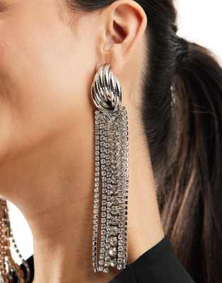 ASOS DESIGN drop earrings with crystal drench design in silver tone