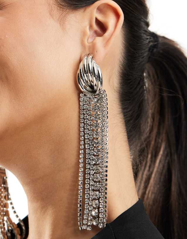 ASOS DESIGN - drop earrings with crystal drench design in silver tone