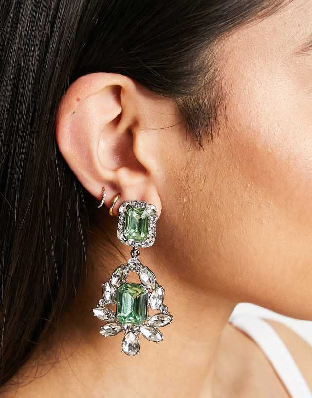 ASOS DESIGN drop earrings with double drop green crystal in silver tone