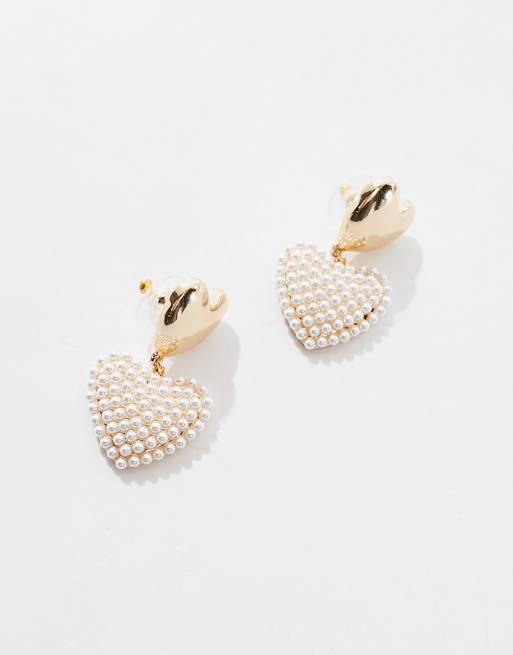 ASOS DESIGN drop earrings with double puff faux pearl heart design in gold tone, 2 of 4