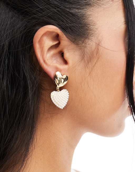 ASOS DESIGN drop earrings with double puff faux pearl heart design in gold tone, 3 of 4