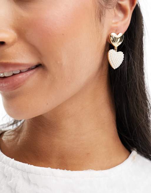 ASOS DESIGN drop earrings with double puff faux pearl heart design in gold tone, 4 of 4