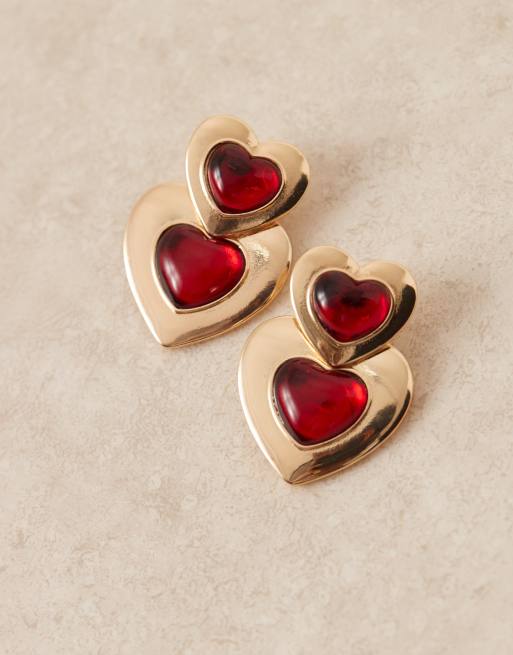 ASOS DESIGN drop earrings with double resin heart detail in gold tone, 2 of 3