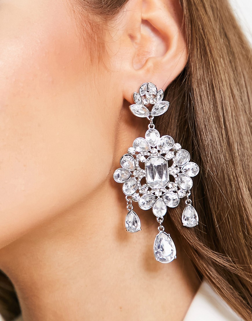ASOS DESIGN drop earrings with encrusted crystal design in silver tone