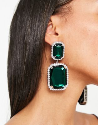 ASOS DESIGN drop earrings with oversized emerald tone crystals in silver tone