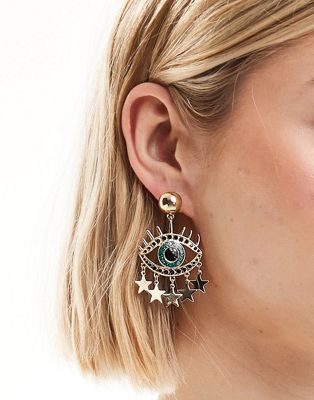 ASOS DESIGN drop earrings with eye and star detail in gold tone