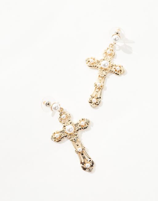 ASOS DESIGN drop earrings with faux pearl cross design in gold tone, 2 of 4