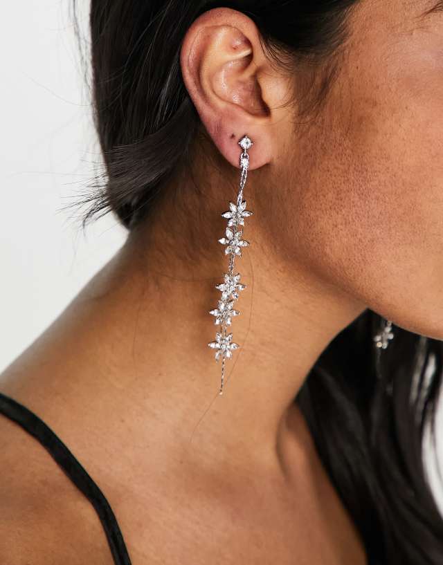 ASOS DESIGN drop earrings with floral crystal chain design in silver tone