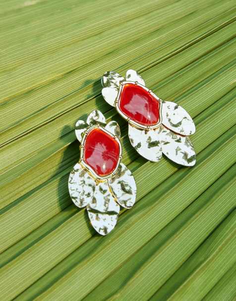 ASOS DESIGN drop earrings with hammered semi precious detail in gold tone - view 1