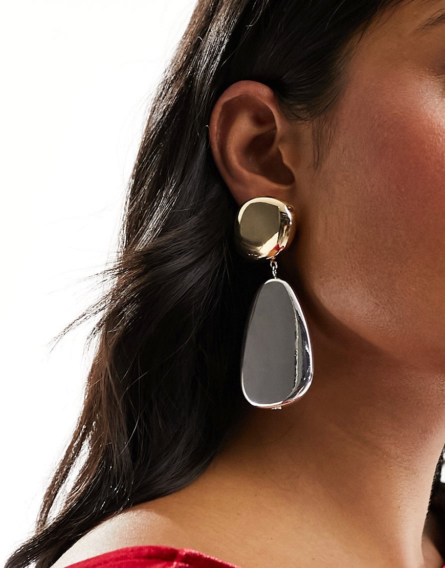 ASOS DESIGN drop earrings with molten mixed metal design in multi-Gold