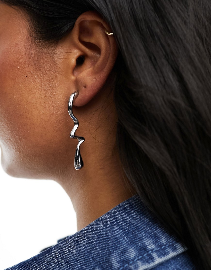ASOS DESIGN drop earrings with molten wiggle detail in silver tone