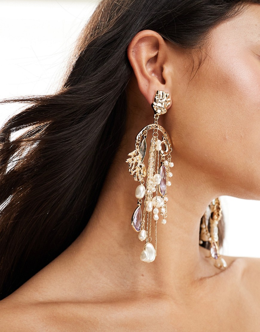 ASOS DESIGN drop earrings with multi strand faux pearl and bead detail in gold tone