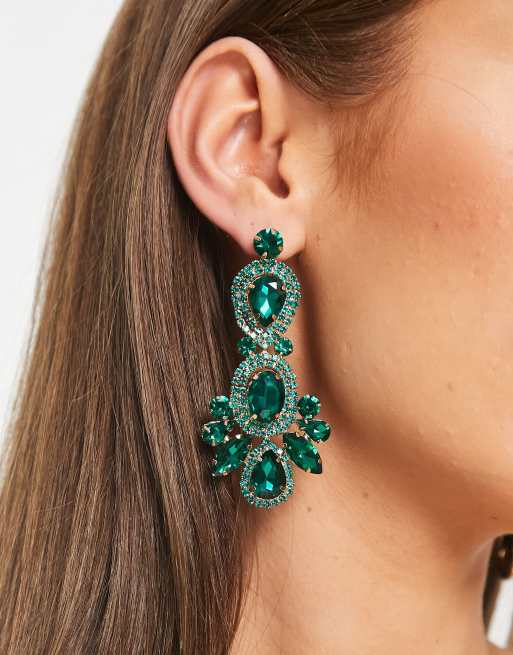ASOS DESIGN drop earrings with oversized emerald tone crystal detail in gold tone