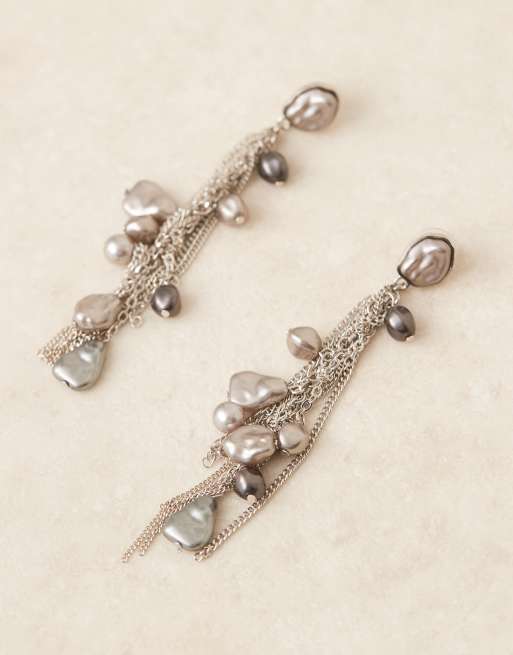 ASOS DESIGN drop earrings with pearl and chain detail in silver tone, 2 of 3