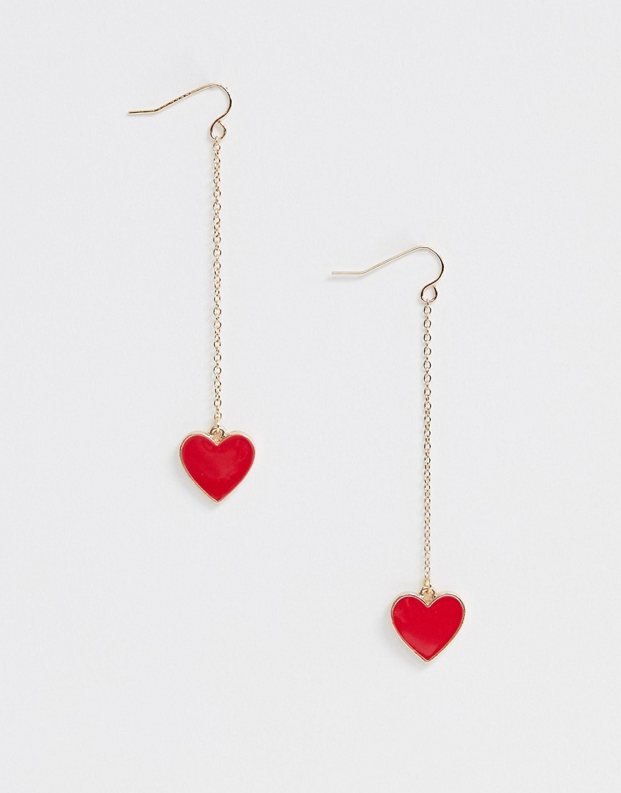 ASOS DESIGN drop earrings with red love hearts in gold tone