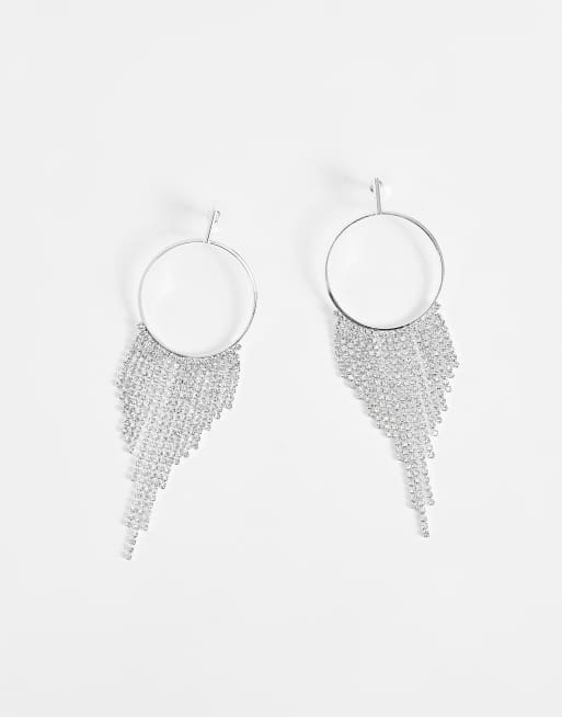 ASOS DESIGN drop earrings with ring crystal fringe design in silver tone, 3 of 4