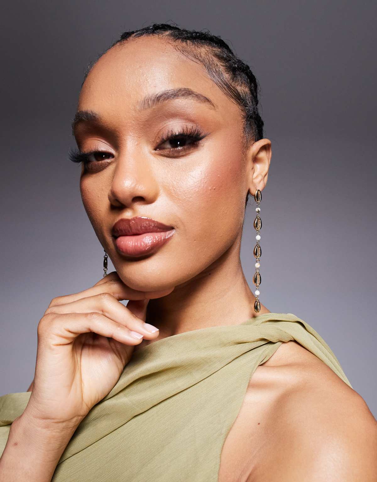 ASOS DESIGN drop earrings with shell and faux pearls in gold tone