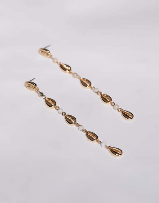 ASOS DESIGN drop earrings with shells and faux pearls in gold tone, 2 of 3
