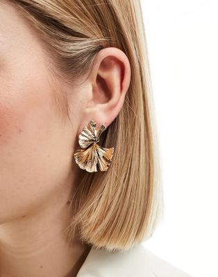 ASOS DESIGN drop earrings with textured leaf design in gold tone