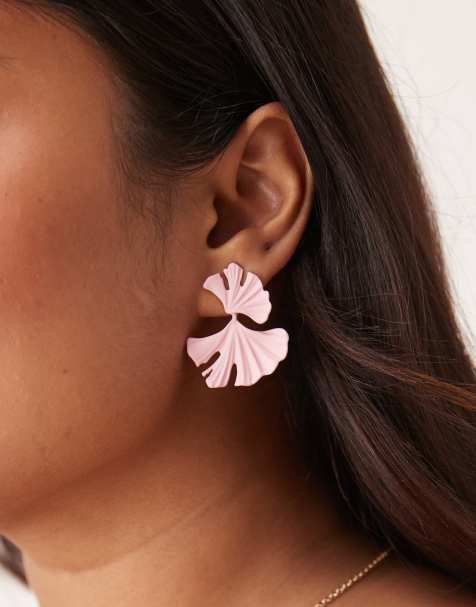 ASOS DESIGN drop earrings with textured leaf design in pastel pink - view 1