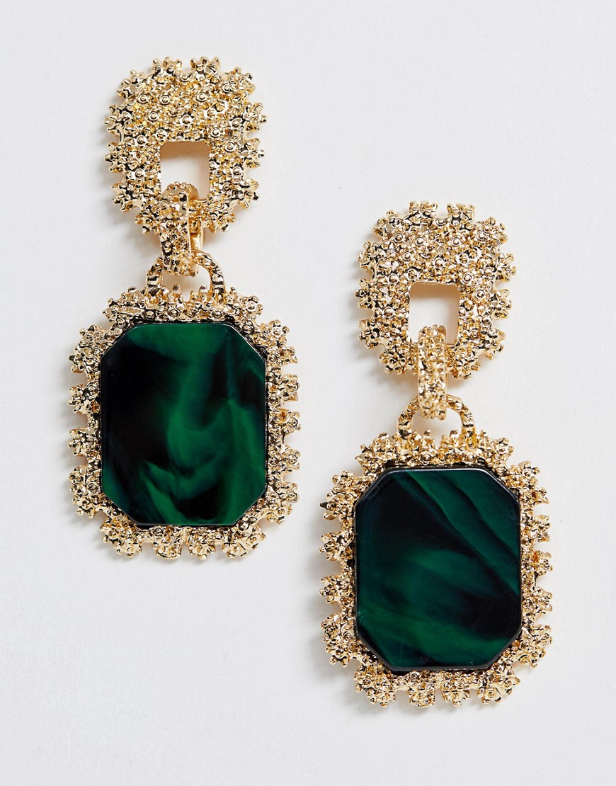 ASOS DESIGN drop earrings with textured metal and resin stones-Green