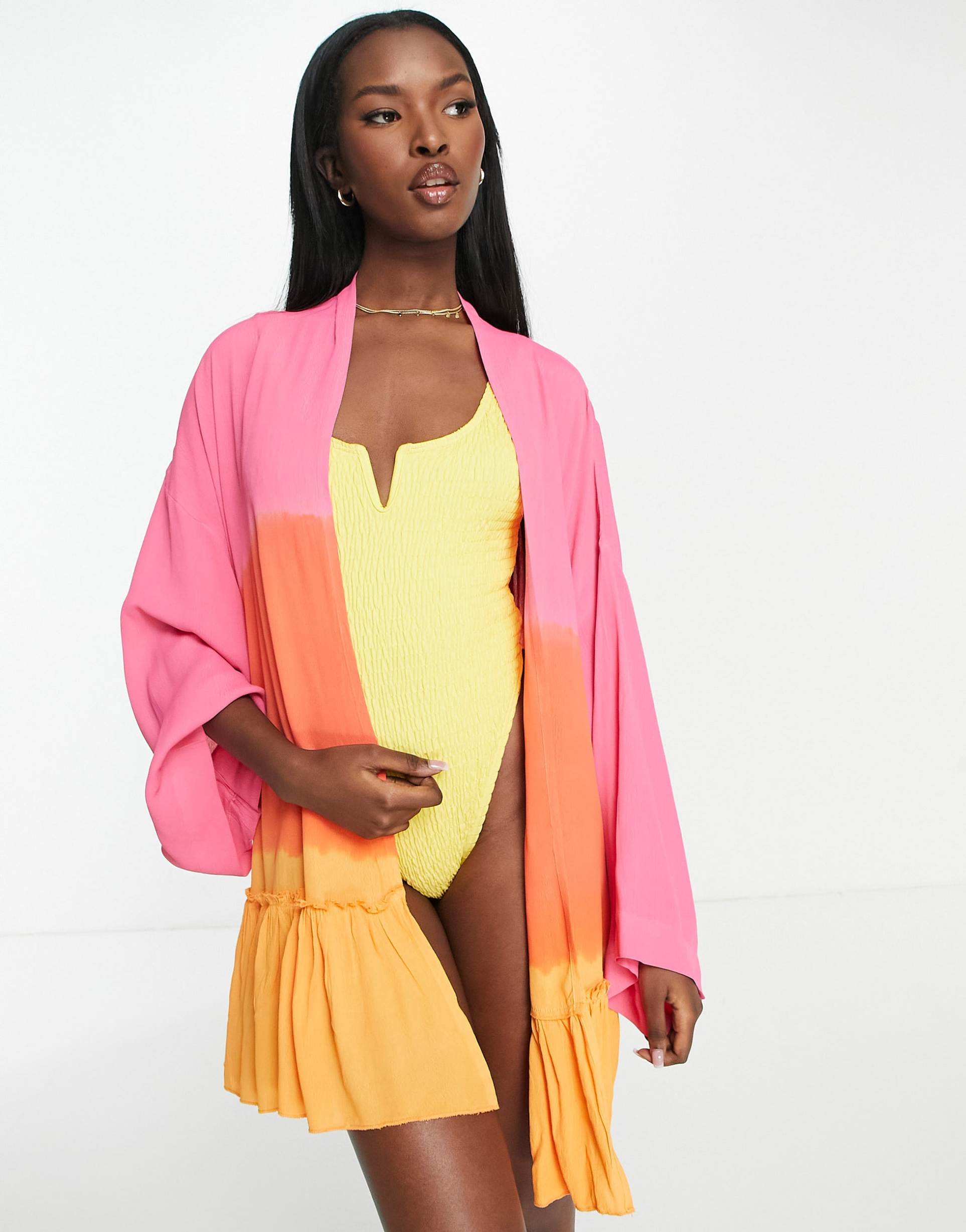 asos design drop hem belted beach mini kimono in ombre print