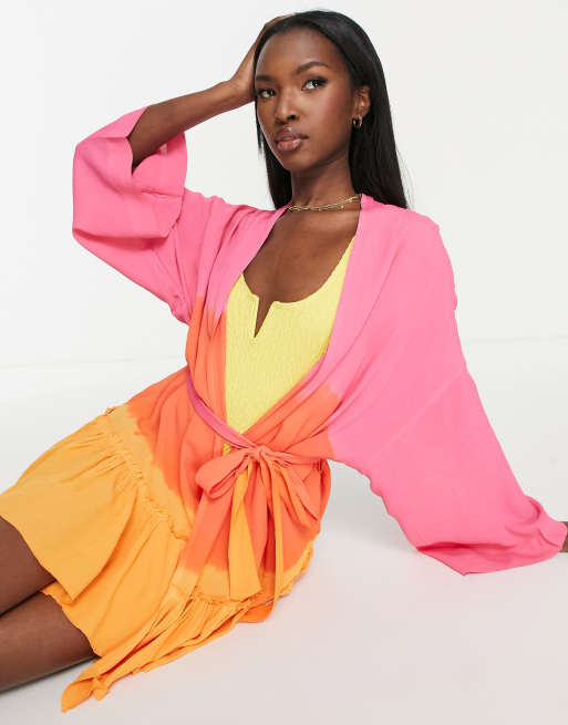 ASOS DESIGN drop hem belted beach mini kimono in ombre print ASOS