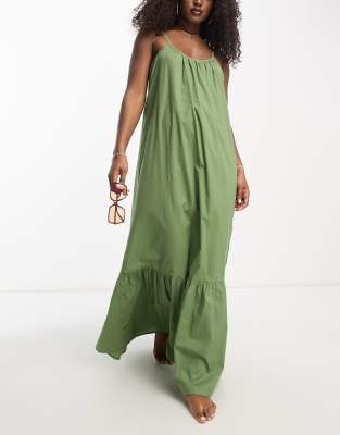 Asos Design Drop Hem Cami Maxi Beach Dress In Khaki-green