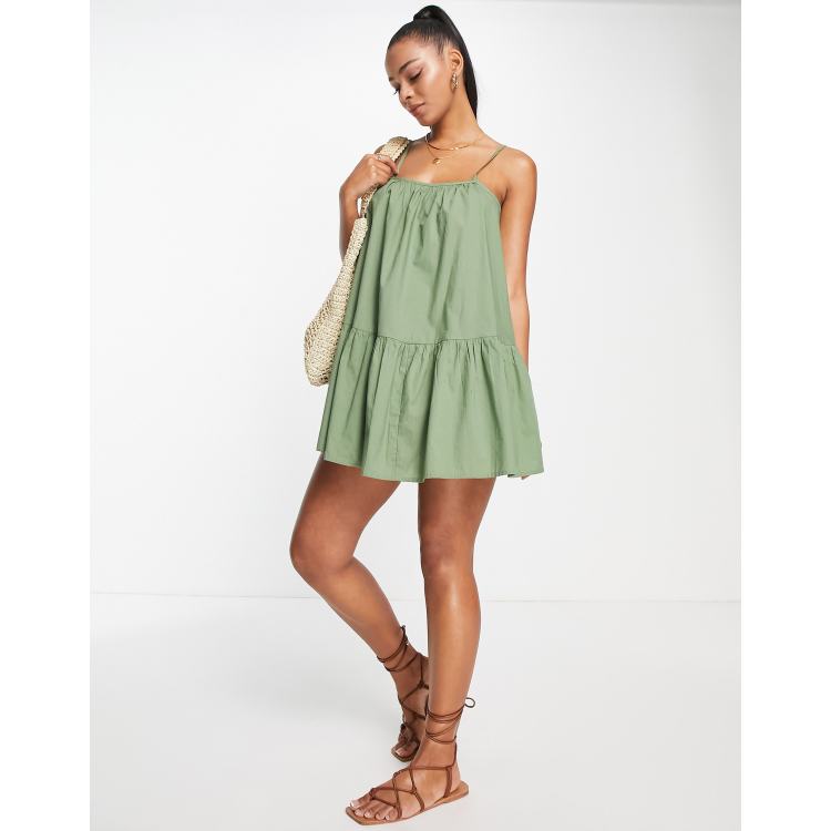 ASOS DESIGN drop hem cami mini beach dress in khaki | ASOS