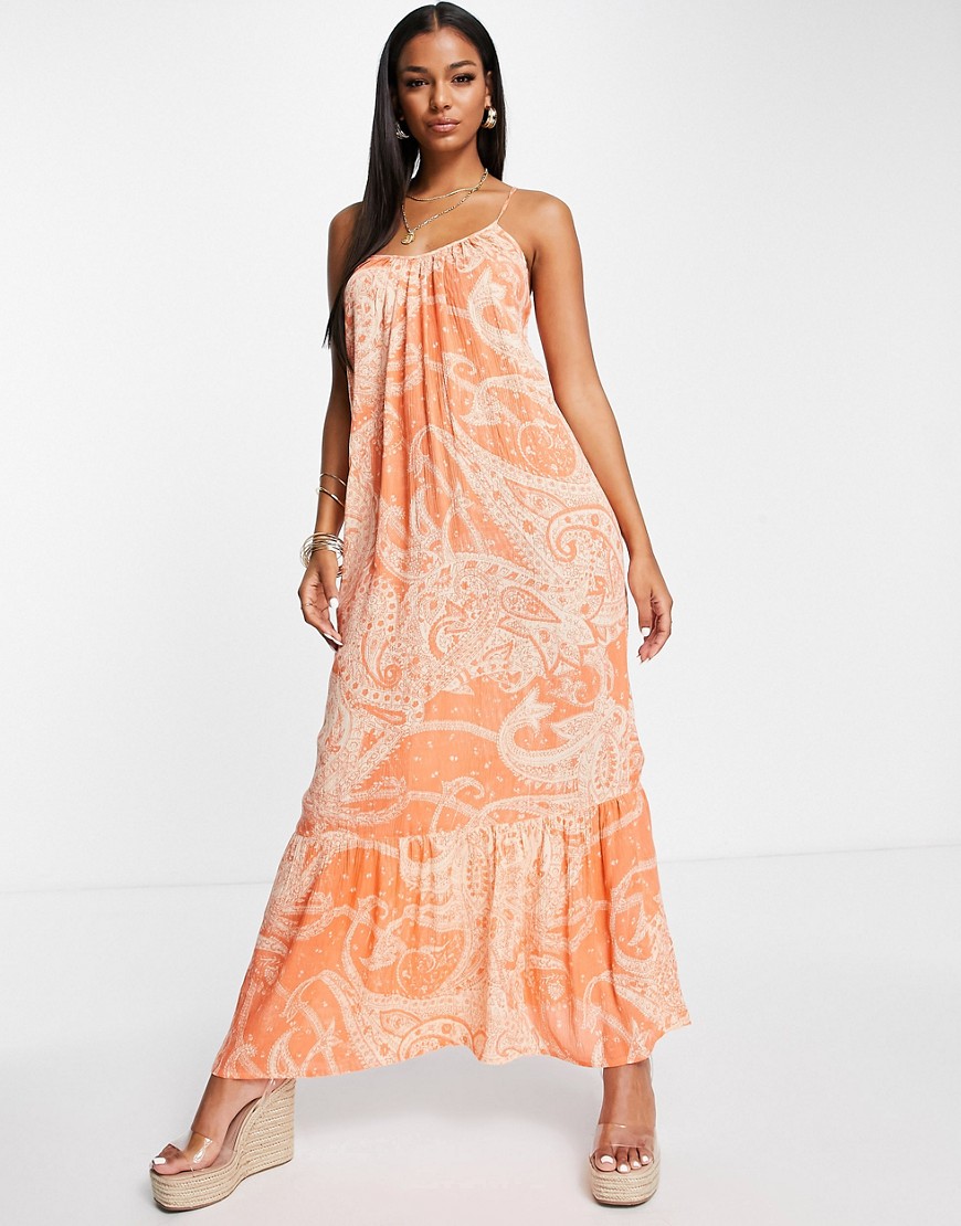 Asos Design Drop Hem Crinkle Beach Maxi Dress In Paisley Print-multi