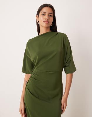 Asos Design Drop Shoulder Draped Slinky Midi Dress In Green
