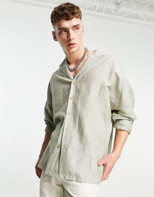 ASOS DESIGN drop shoulder oversized linen shirt with revere collar in green