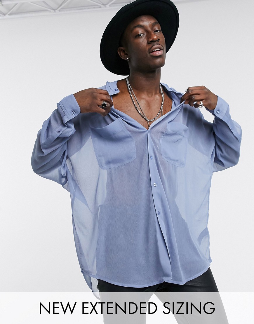 ASOS DESIGN drop shoulder oversized shirt in sheer crinkle with grandad collar in blue-Blues