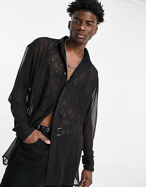 ASOS DESIGN drop shoulder oversized shirt with lace bib in black