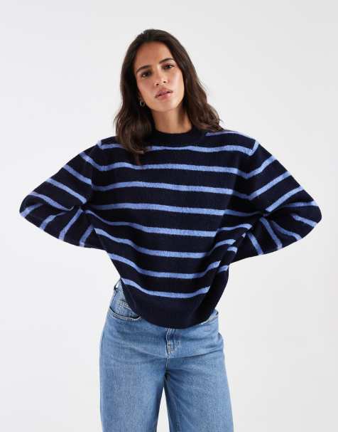 ASOS DESIGN drop shoulder pad longline jumper in navy and cobalt stripe - view 1