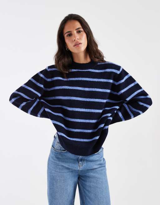 ASOS DESIGN drop shoulder pad longline jumper in navy and cobalt stripe, 4 of 4