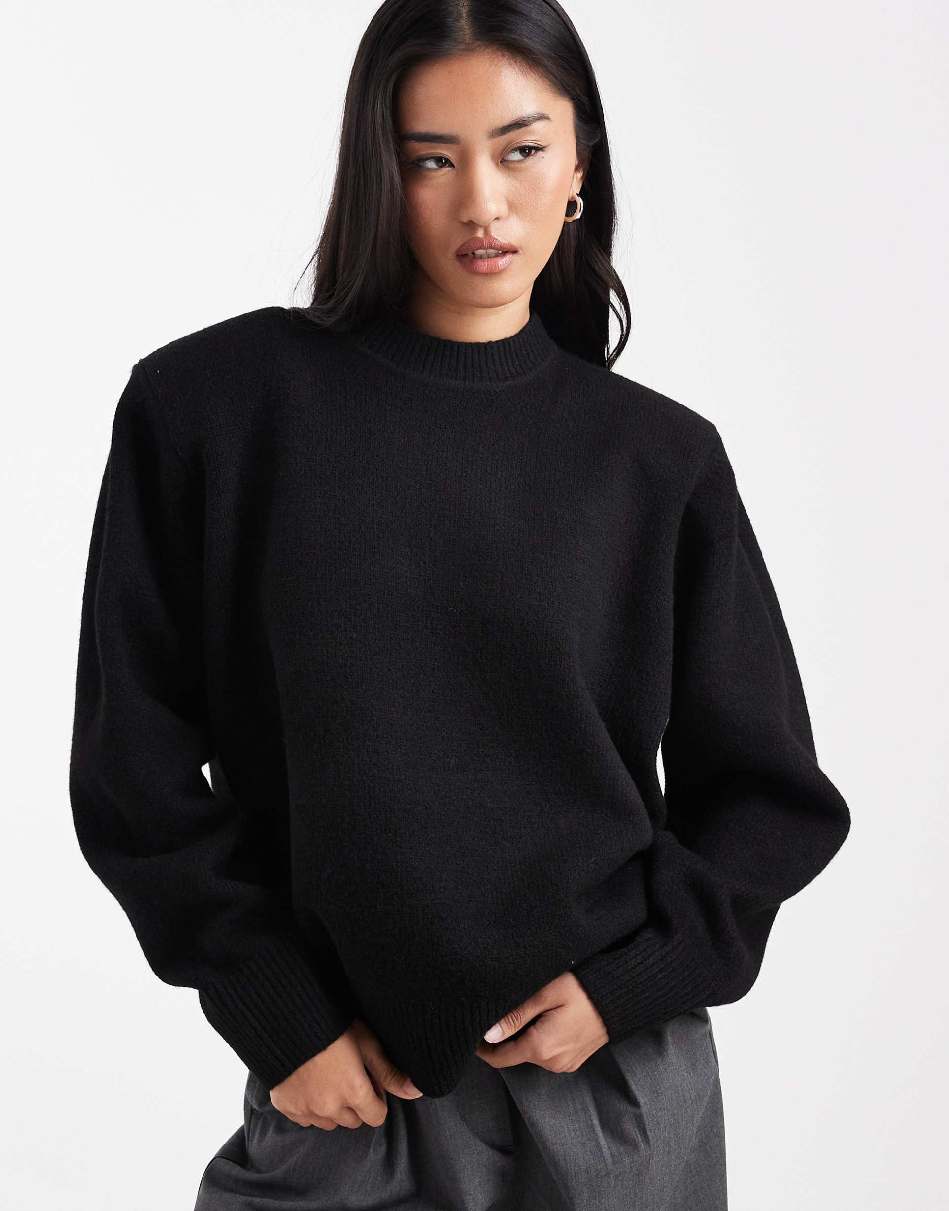asos design drop shoulder pad longline sweater in black