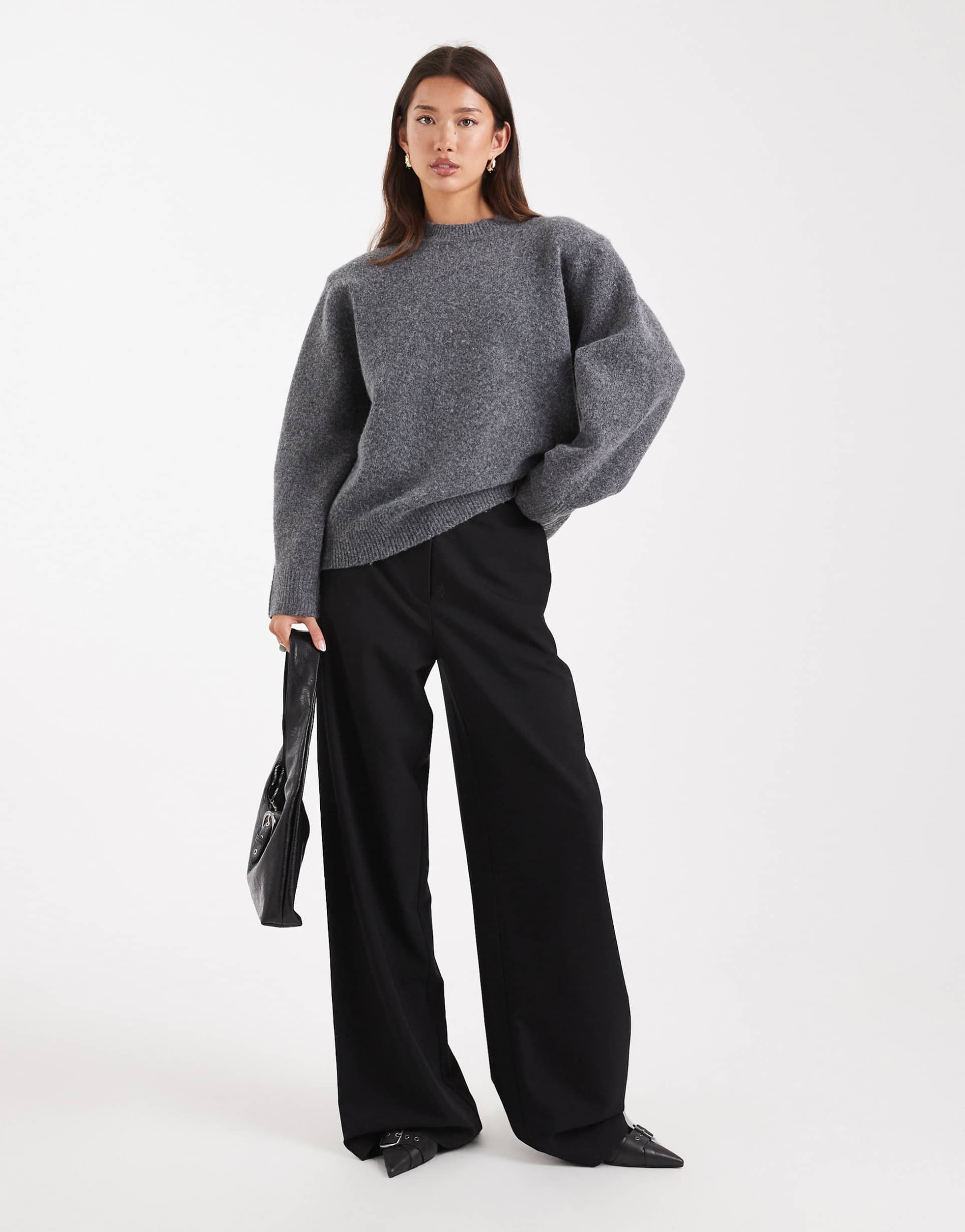 asos design drop shoulder pad longline sweater in charcoal