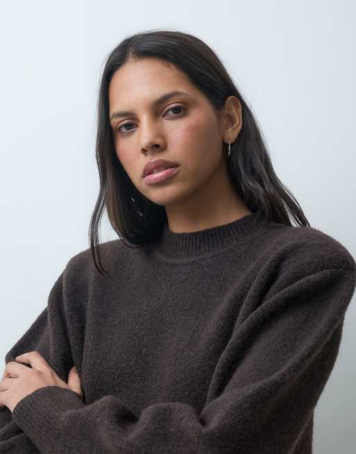 ASOS DESIGN drop shoulder pad longline sweater in chocolate, 3 of 4