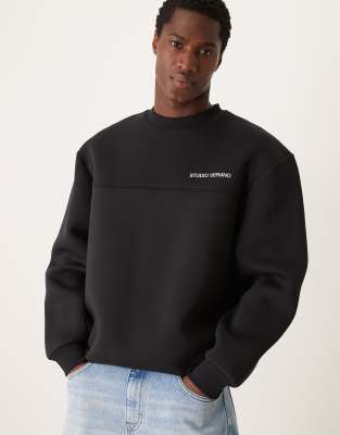 ASOS DESIGN drop shoulder scuba sweatshirt with studio verano print in black
