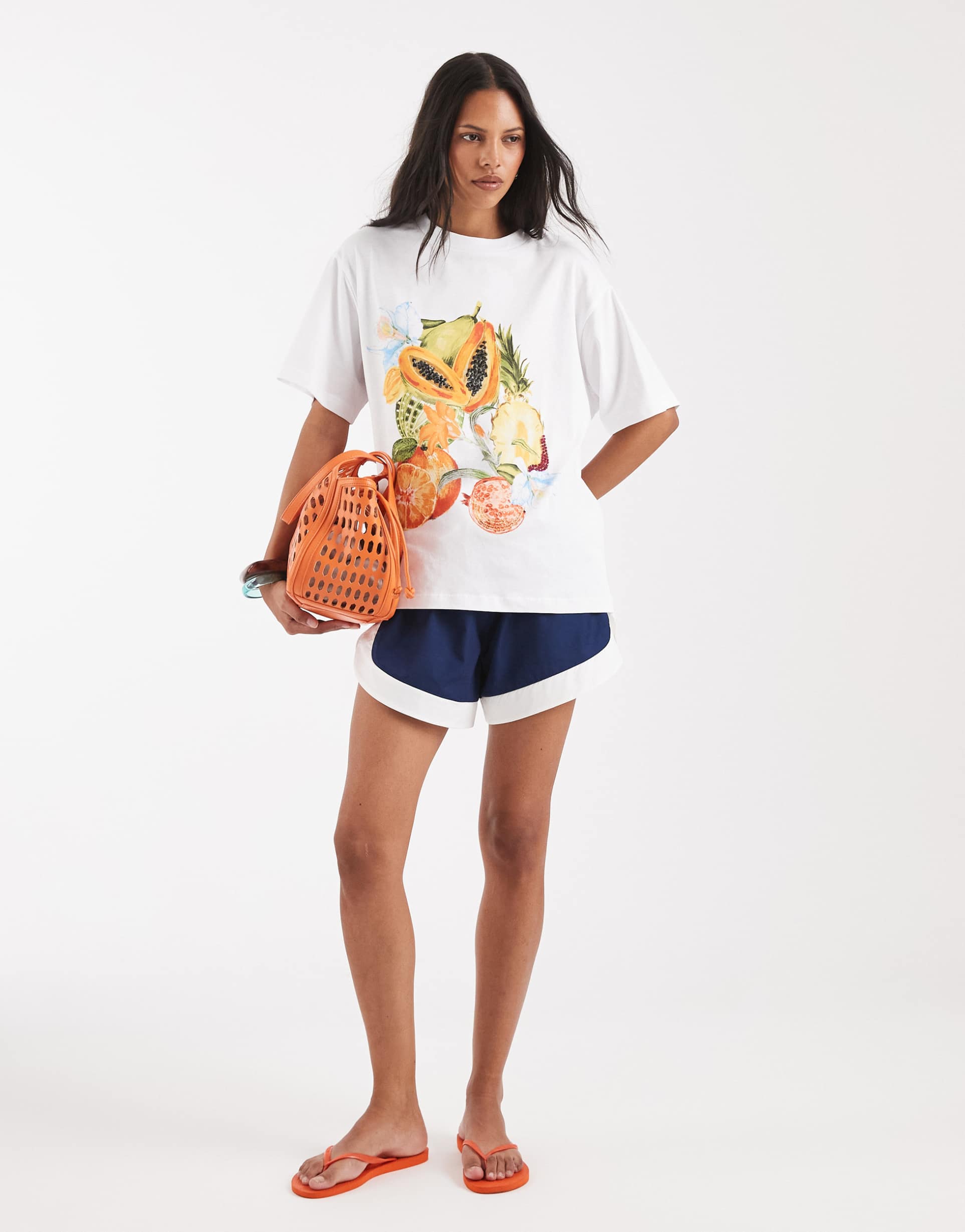 asos design drop shoulder t-shirt with beaded fruit graphic in white
