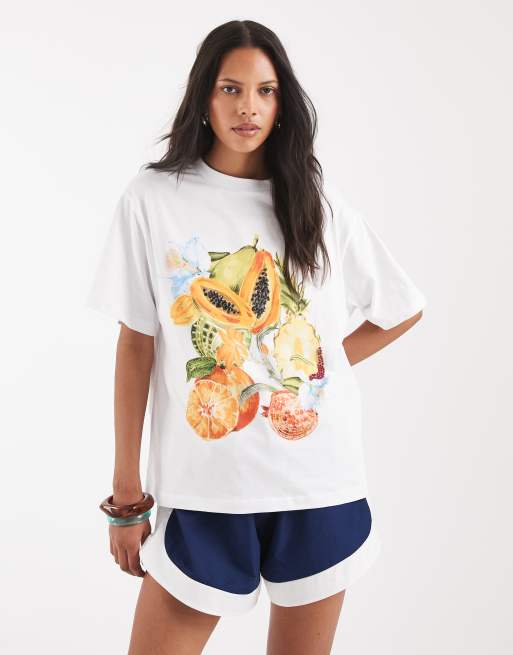 ASOS DESIGN Drop shoulder T-shirt with beaded fruit graphic in white, 2 of 4